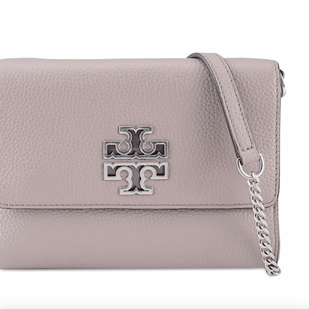 TORY BURCH  BRITTEN FRENCH LEATHER CROSSBODY BAG IN GRAY